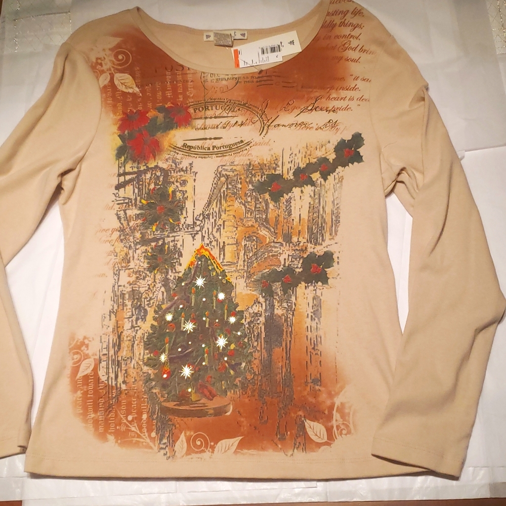 Suzee NEW Womens PL Shirt Tee Top Cotton Sweater Holiday Tree Long Sleeve